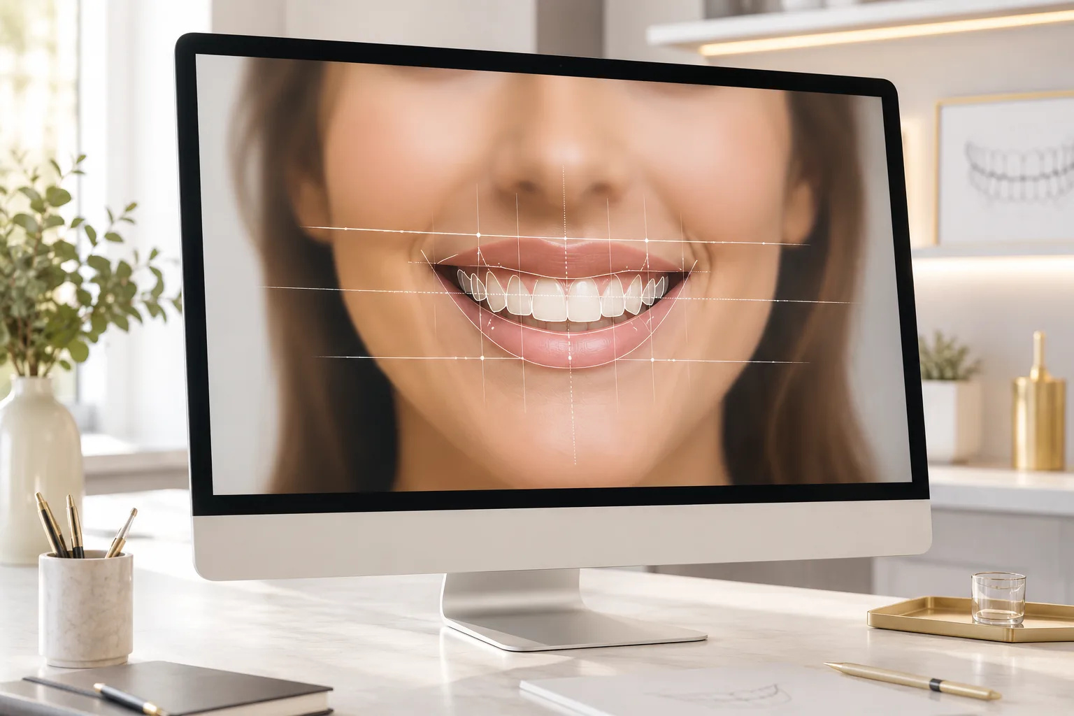A smile design drawn over a photograph of a face on a studio monitor